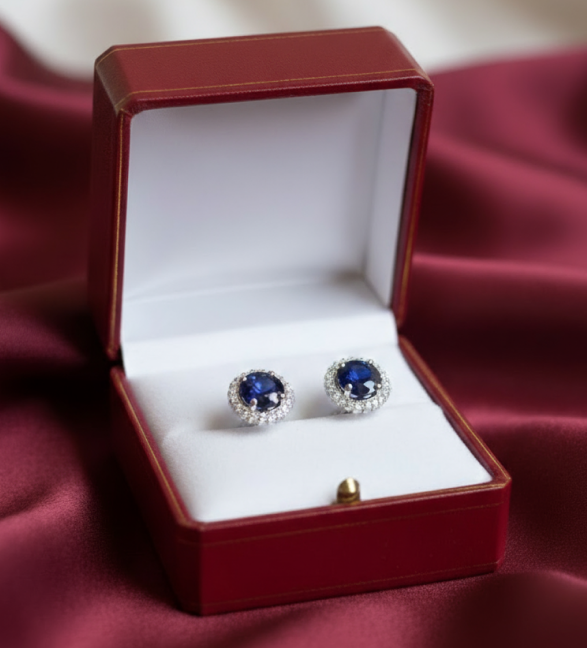 Pair of Halo Diamond Stud Earring Saphire