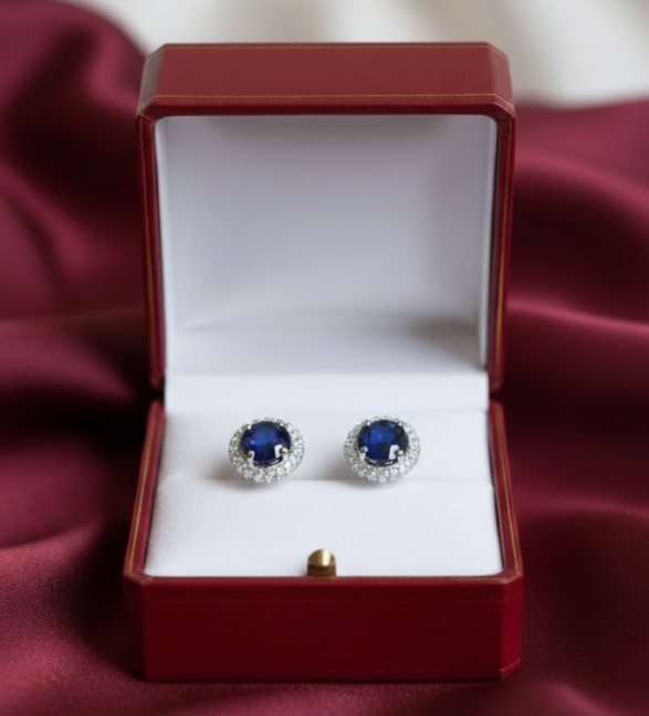 Pair of Halo Diamond Stud Earring Saphire