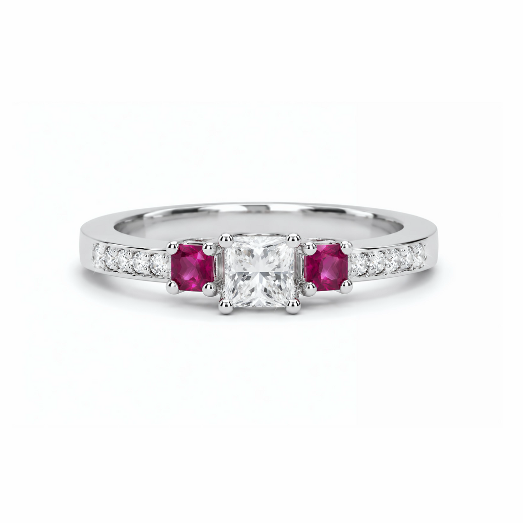 Natural Princess Cut Diamond & Ruby Three Stone Ring