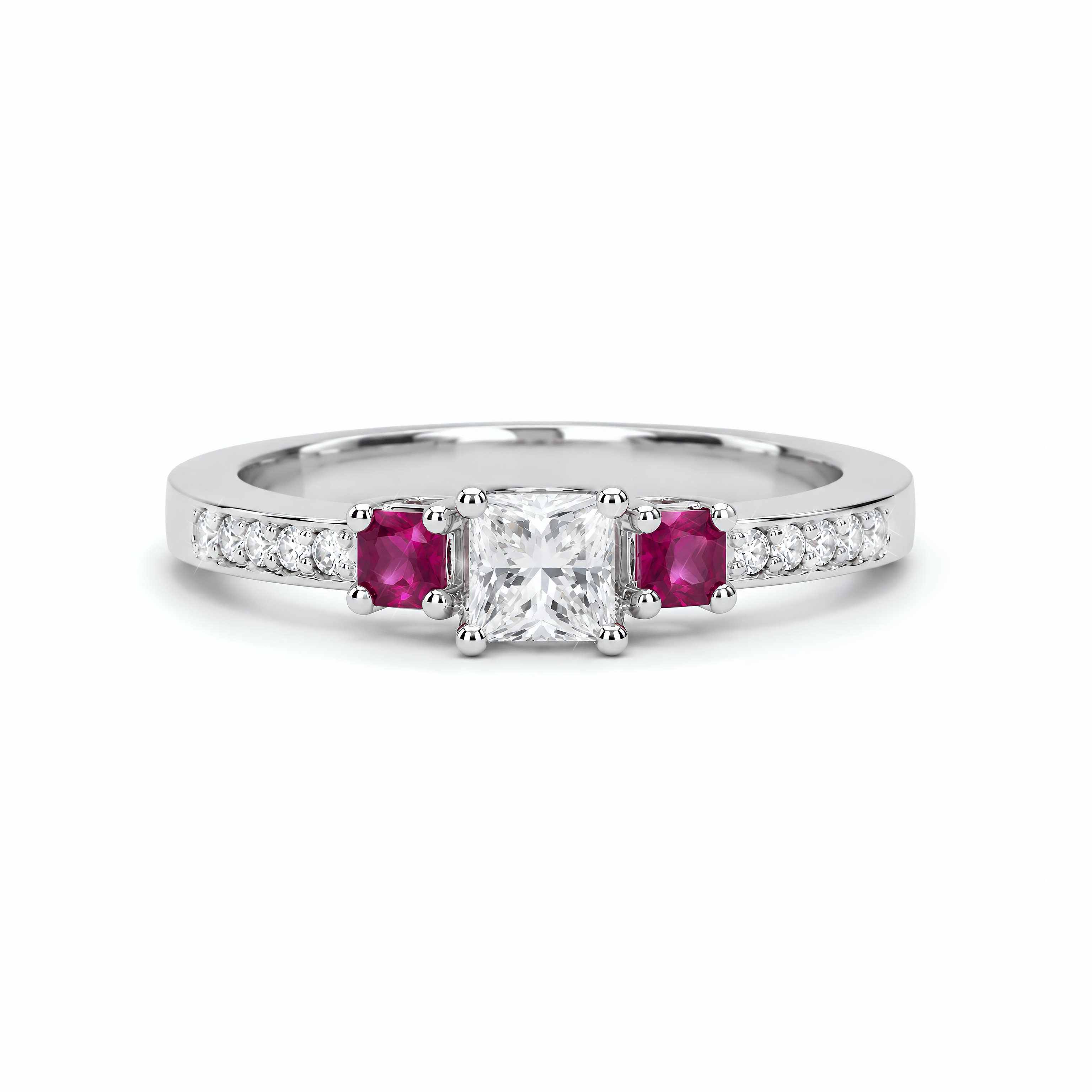 Natural Princess Cut Diamond & Ruby Three Stone Ring