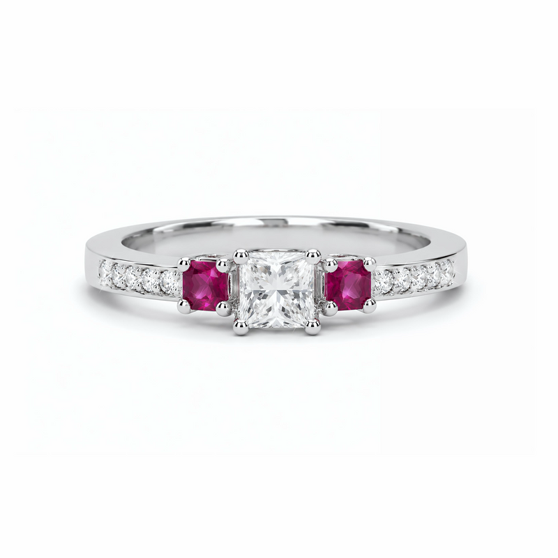 Natural Princess Cut Diamond & Ruby Three Stone Ring