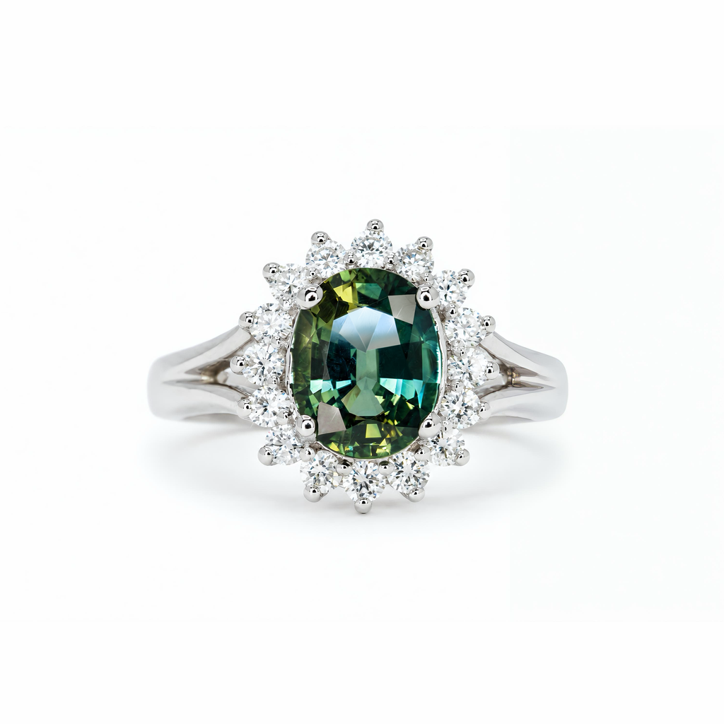 Natural Green Sapphire Diamond  Ring
