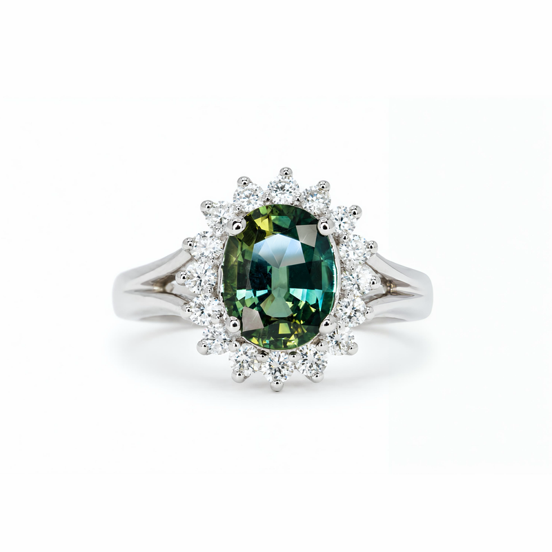Natural Green Sapphire Diamond  Ring