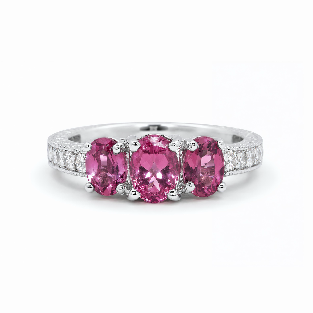 Natural Pink Tourmaline Oval Three Stone Diamond Ring