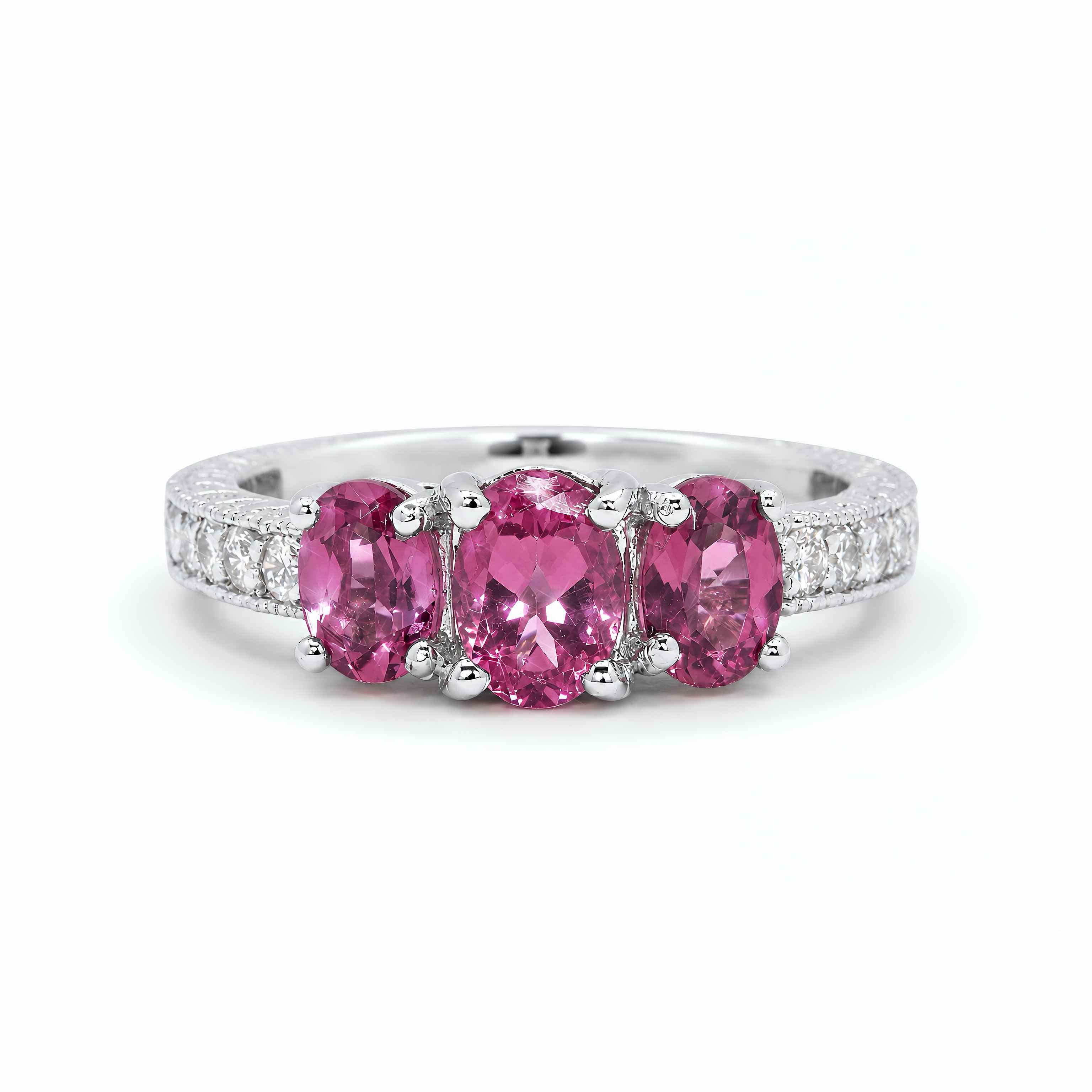 Natural Pink Tourmaline Oval Three Stone Diamond Ring