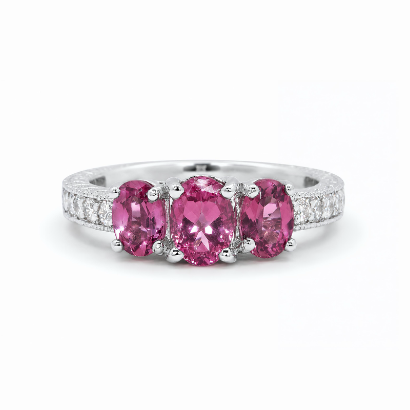 Natural Pink Tourmaline Oval Three Stone Diamond Ring
