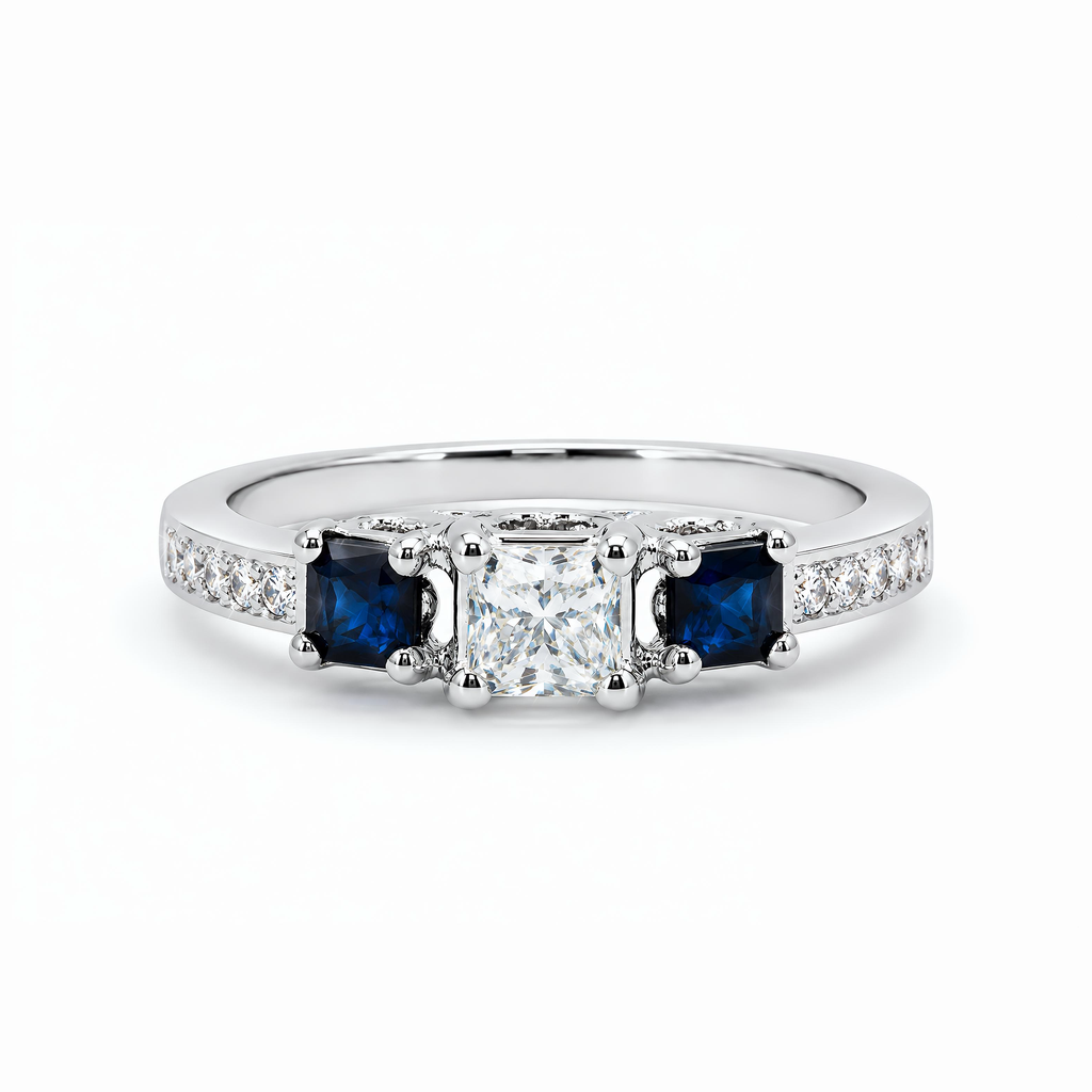Natural Princess Cut Diamond & Sapphire Three Stone Ring