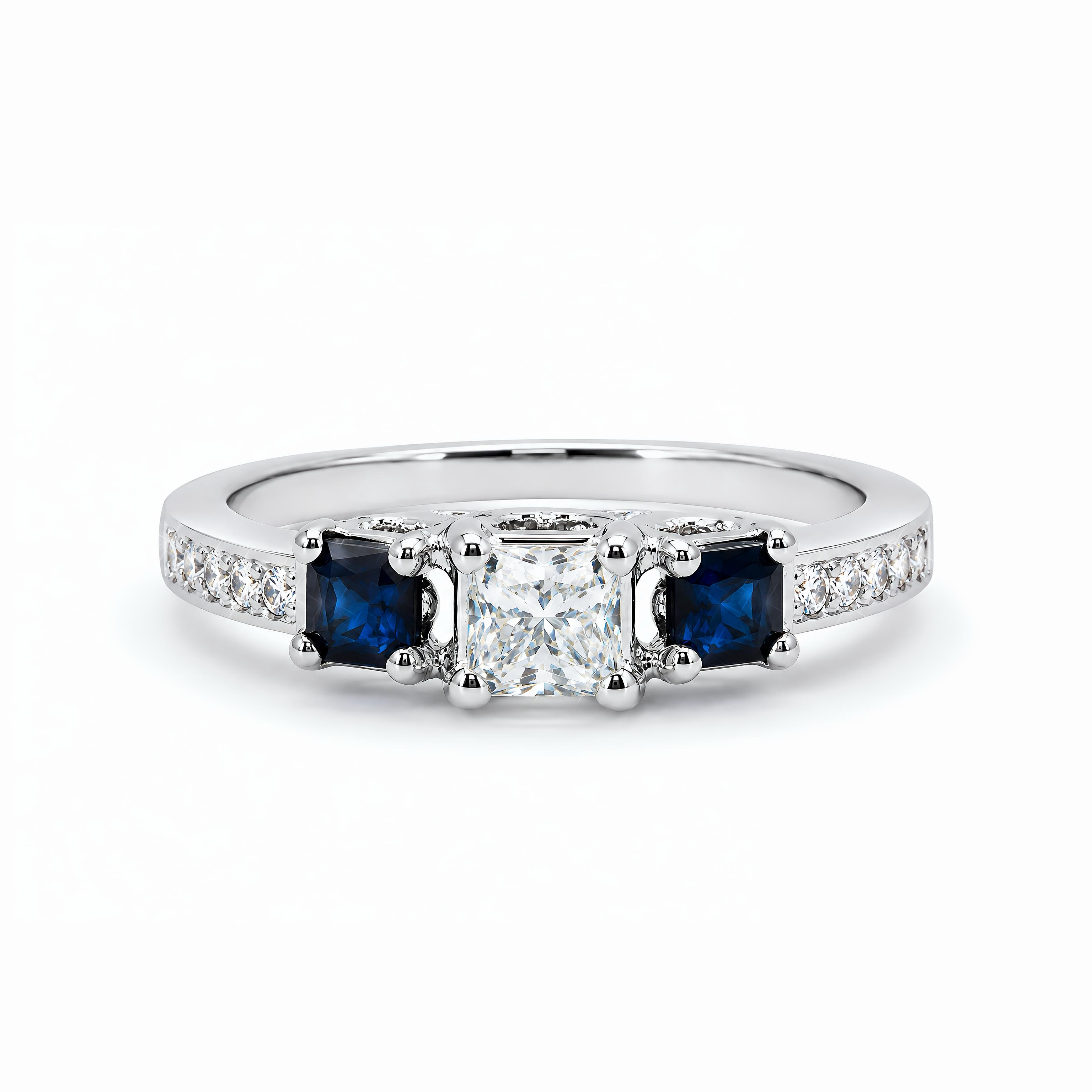 Natural Princess Cut Diamond & Sapphire Three Stone Ring