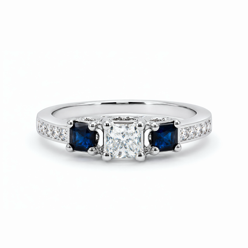 Natural Princess Cut Diamond & Sapphire Three Stone Ring