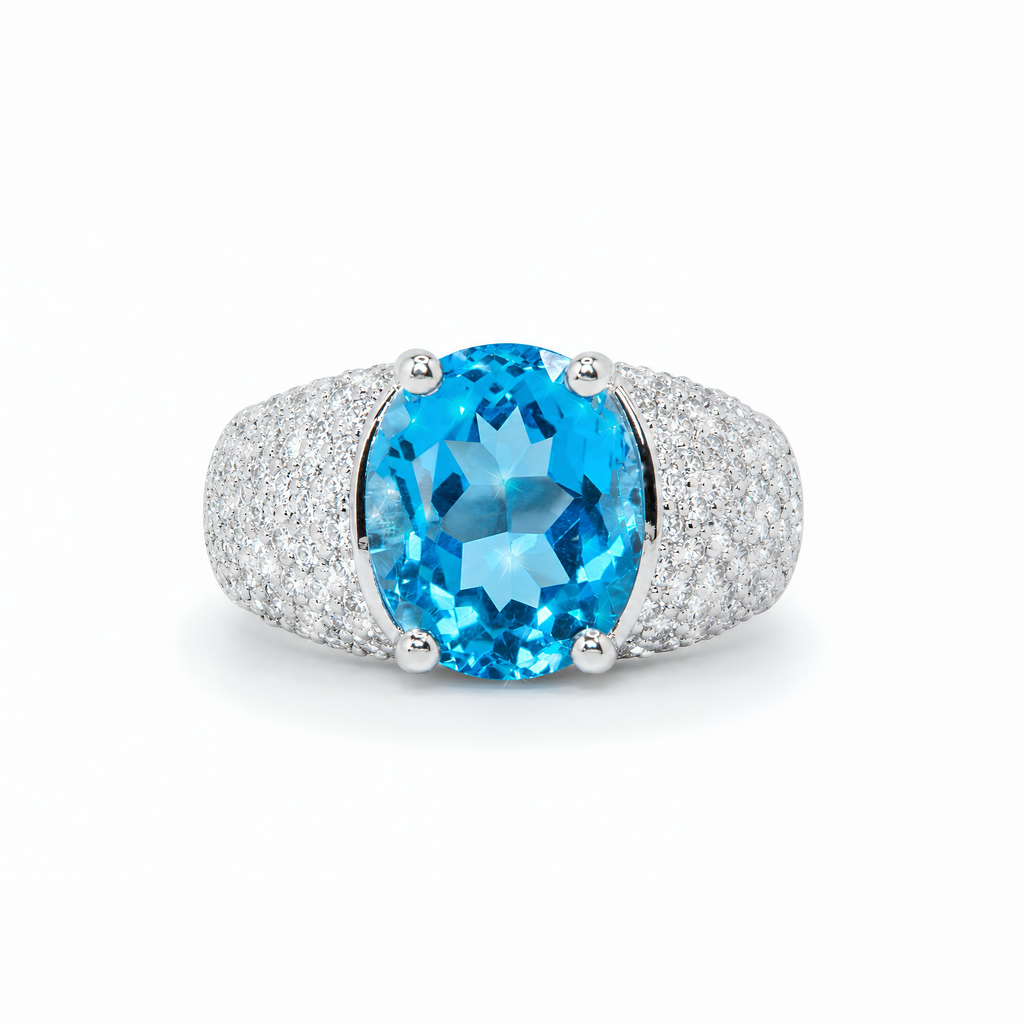 Natural Blue Topaz Oval Cut Diamond Pavé Ring