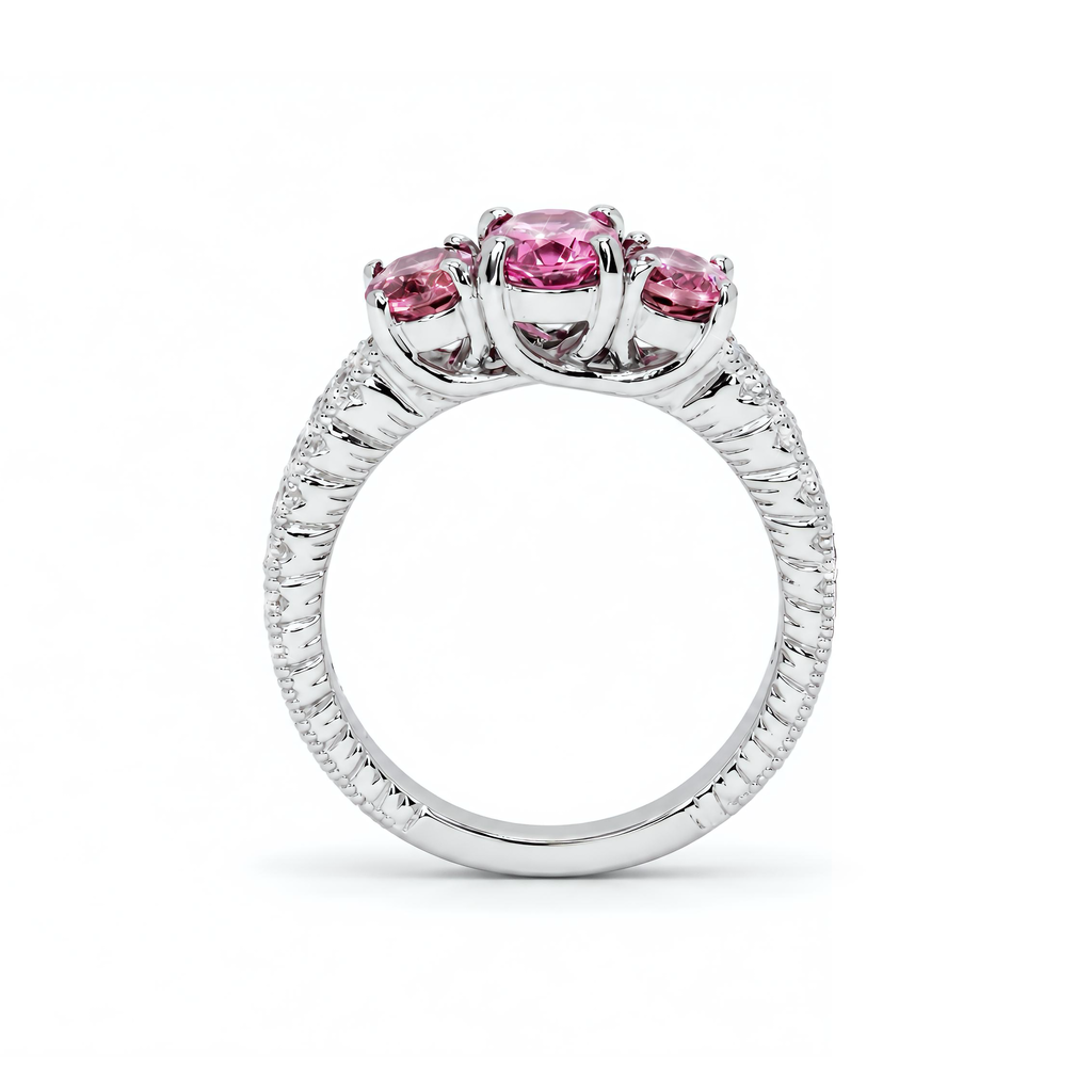Natural Pink Tourmaline Oval Three Stone Diamond Ring