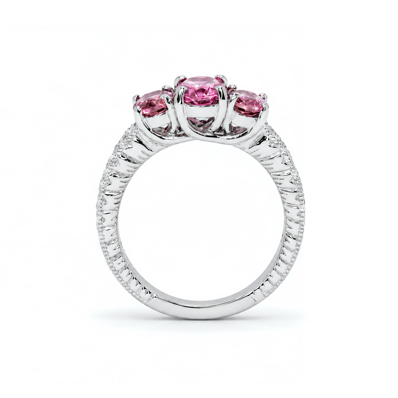 Natural Pink Tourmaline Oval Three Stone Diamond Ring
