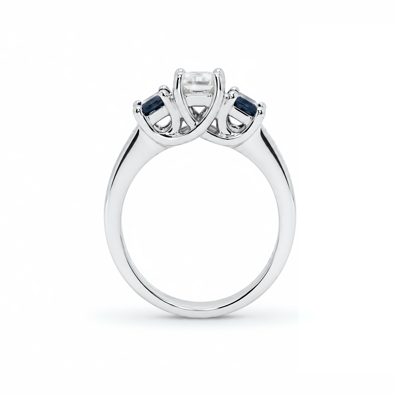 Natural Princess Cut Diamond & Sapphire Three Stone Ring