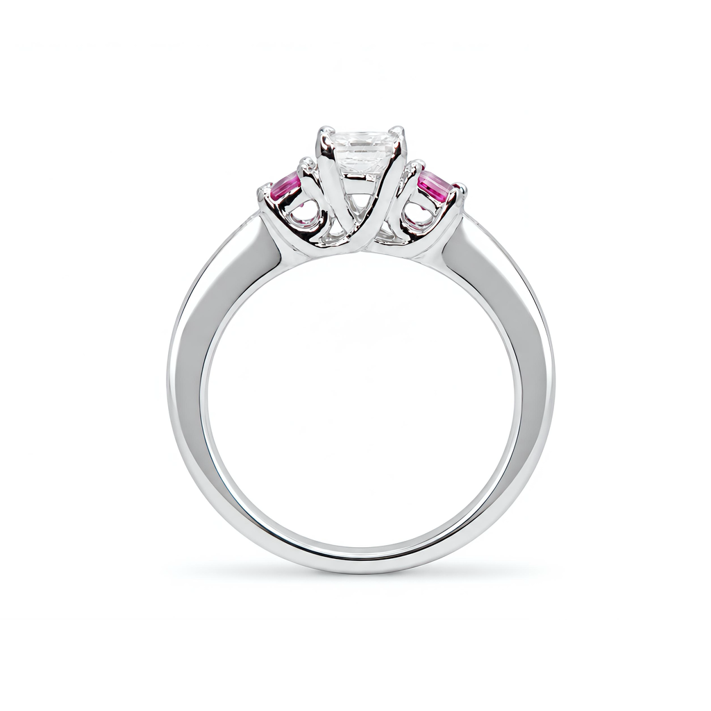 Natural Princess Cut Diamond & Ruby Three Stone Ring