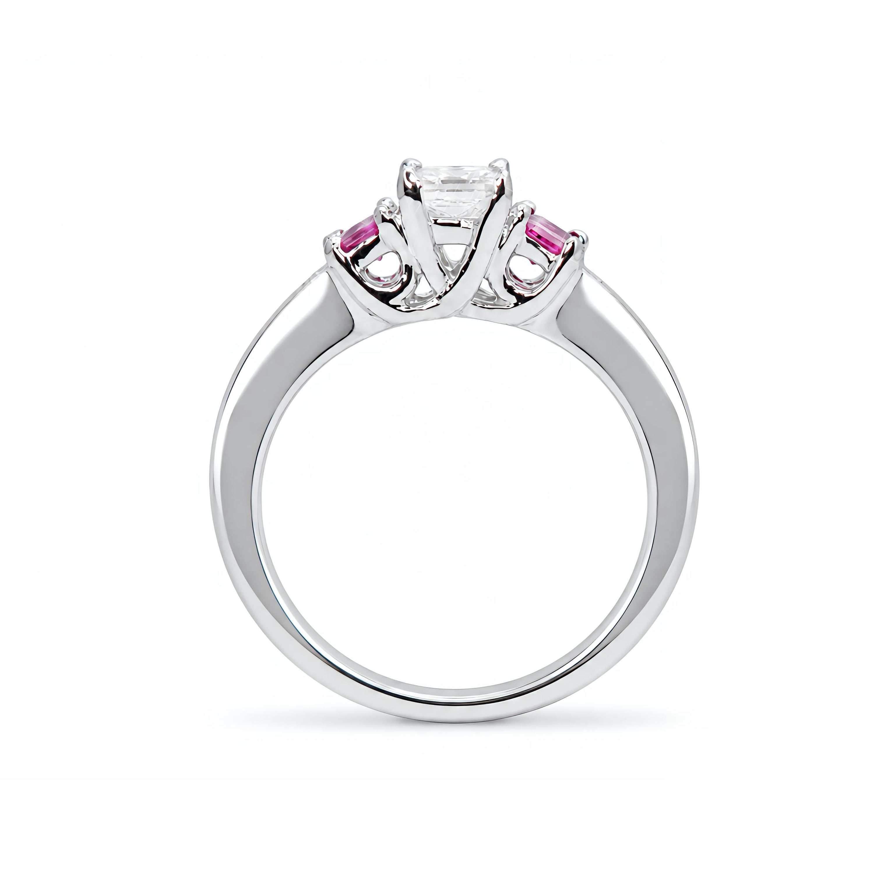 Natural Princess Cut Diamond & Ruby Three Stone Ring