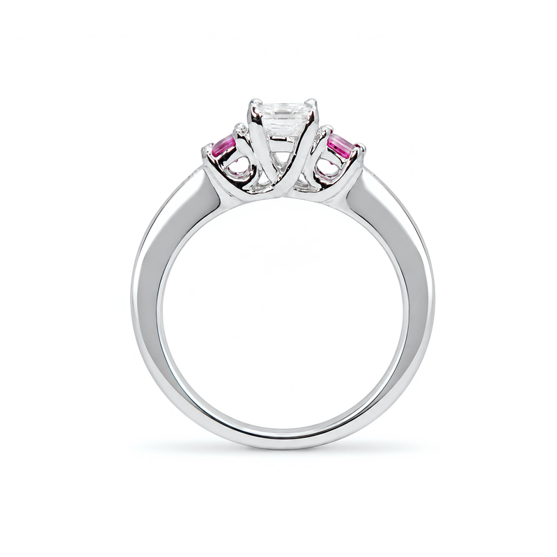 Natural Princess Cut Diamond & Ruby Three Stone Ring