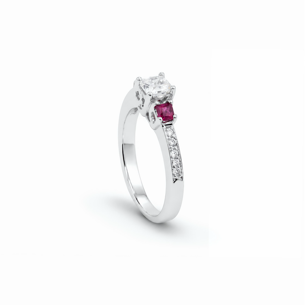 Natural Princess Cut Diamond & Ruby Three Stone Ring