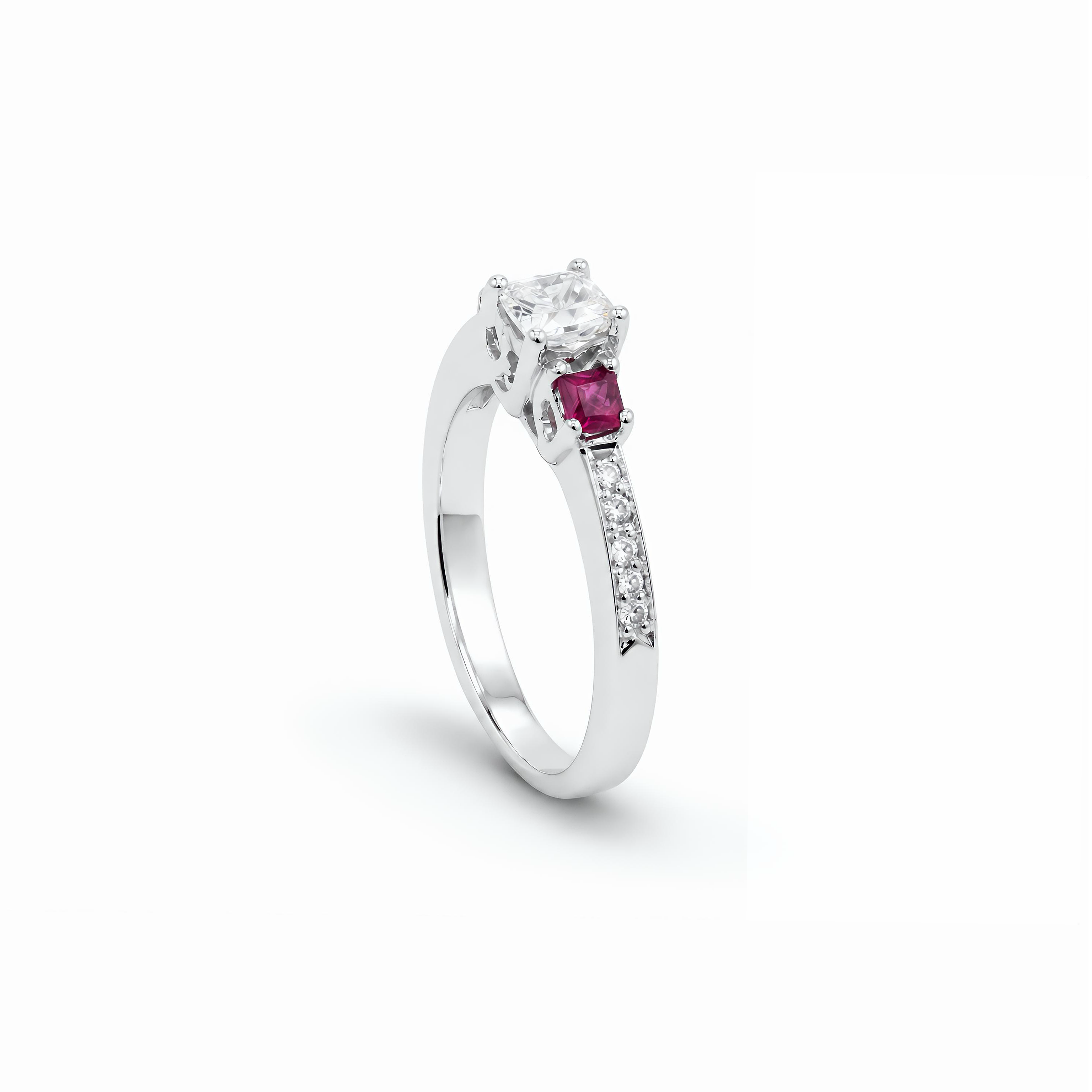 Natural Princess Cut Diamond & Ruby Three Stone Ring