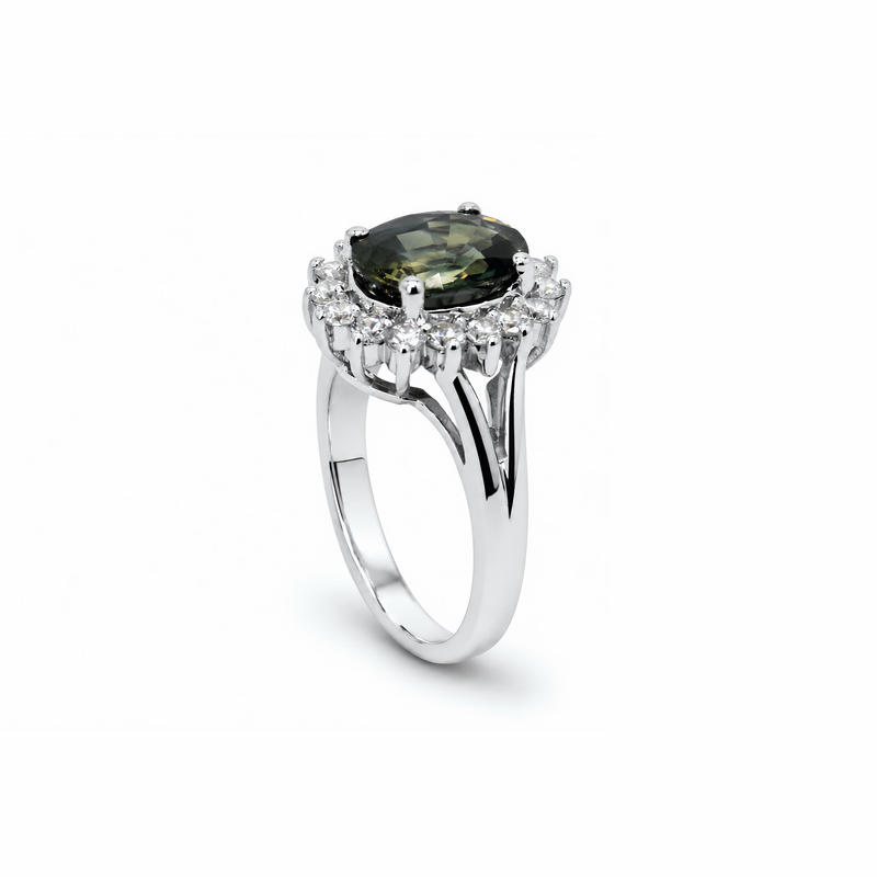 Natural Green Sapphire Diamond  Ring