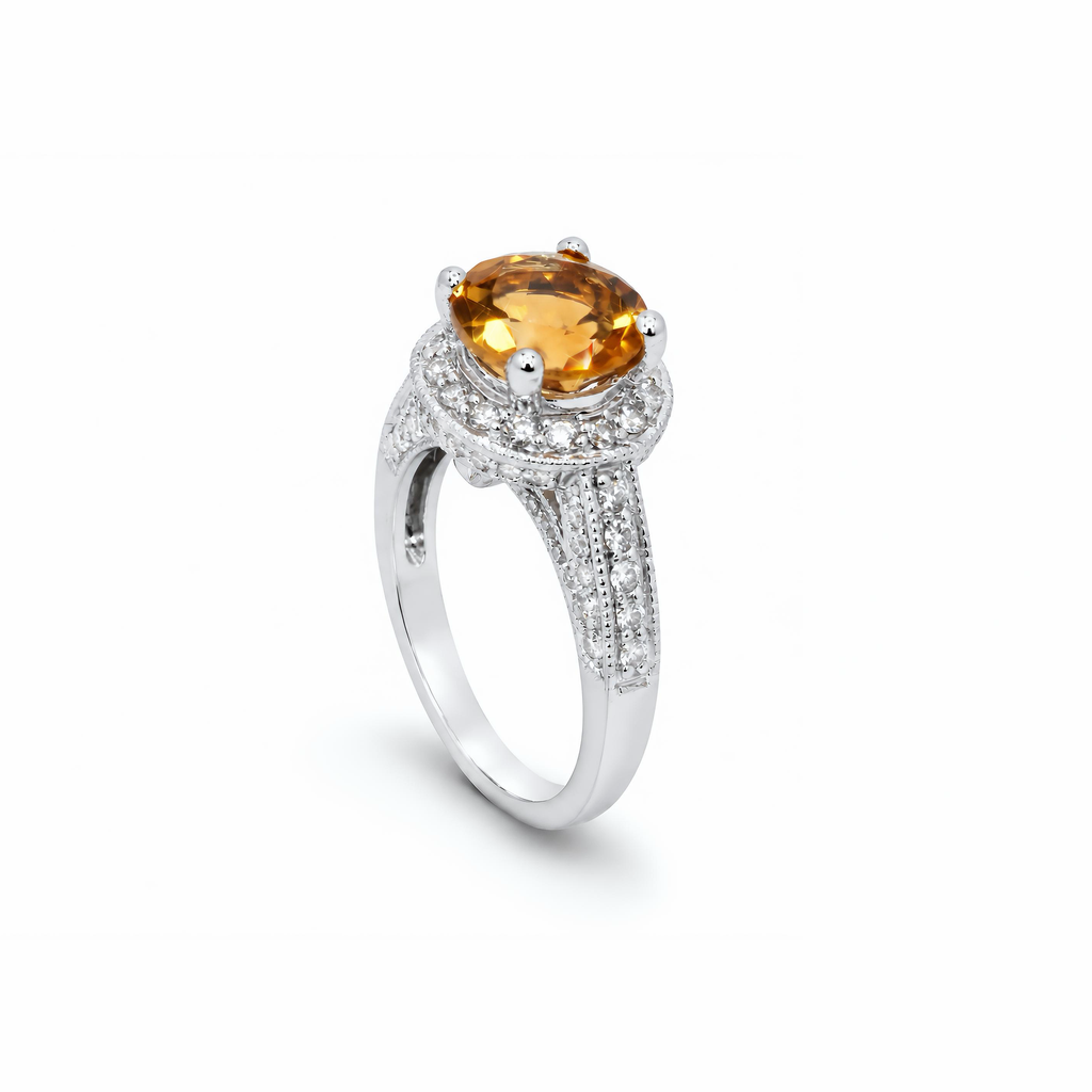 Natural Yellow Topaz Diamond Halo Ring