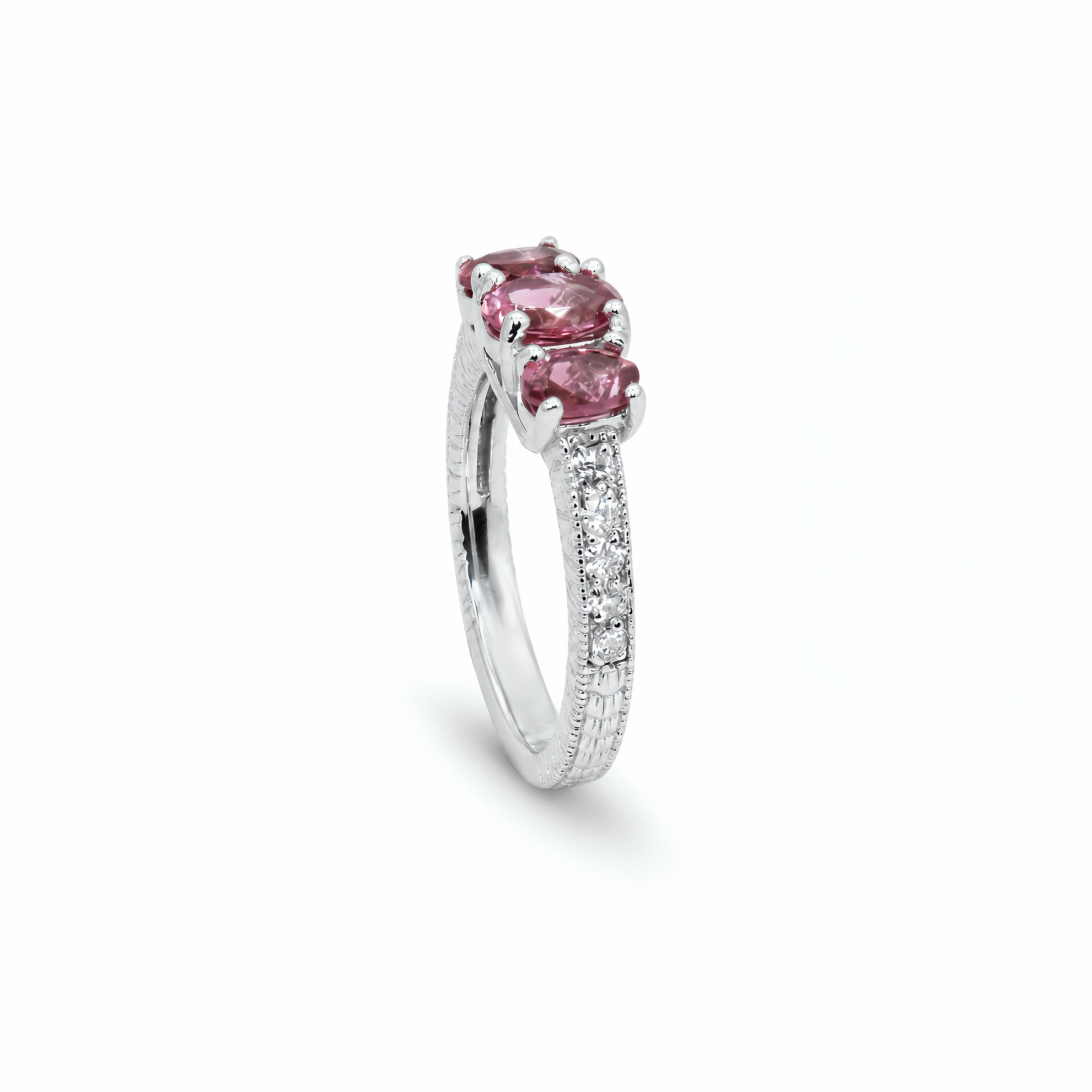 Natural Pink Tourmaline Oval Three Stone Diamond Ring