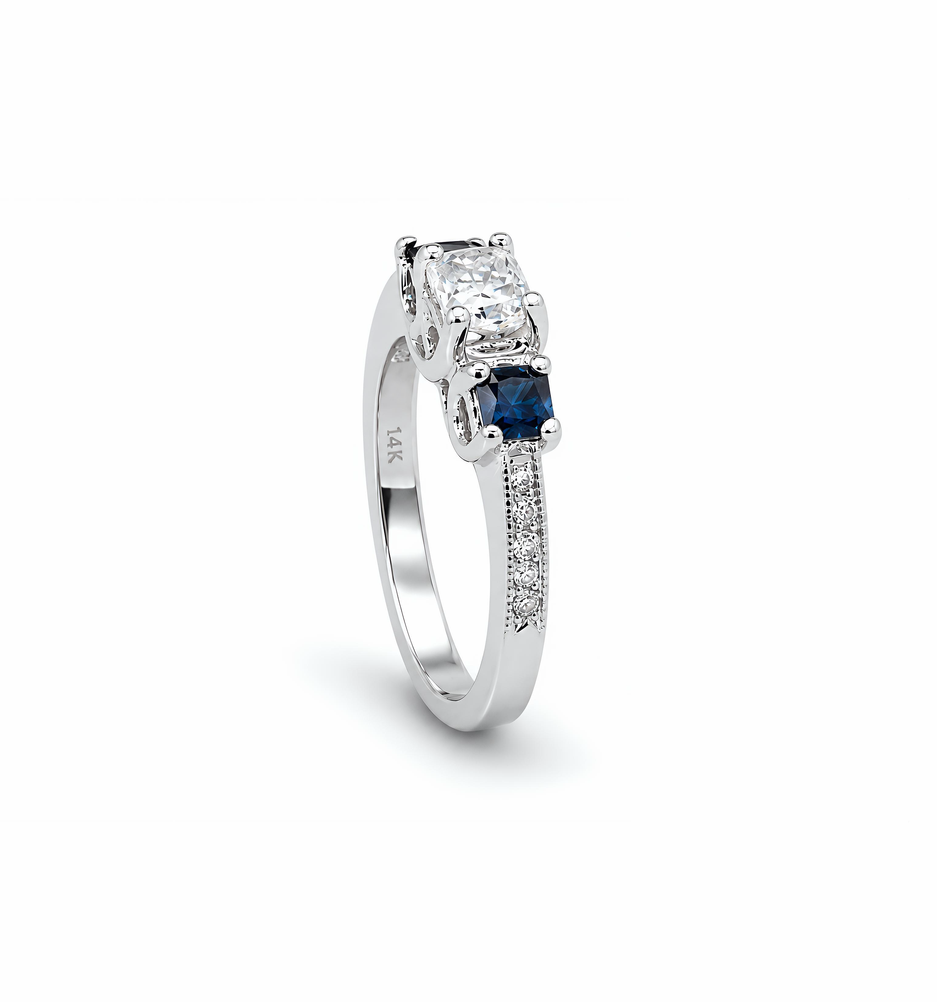 Natural Princess Cut Diamond & Sapphire Three Stone Ring