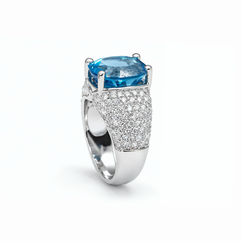 Natural Blue Topaz Oval Cut Diamond Pavé Ring