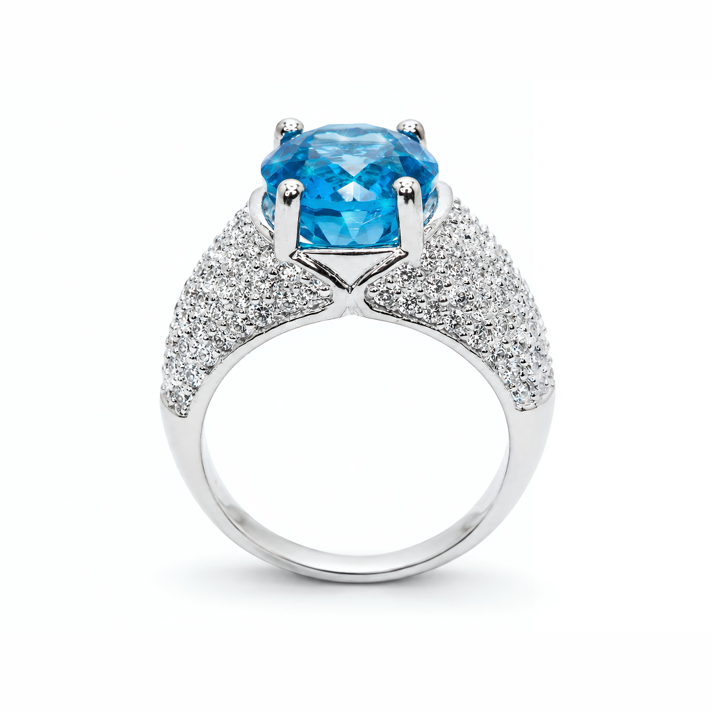 Natural Blue Topaz Oval Cut Diamond Pavé Ring