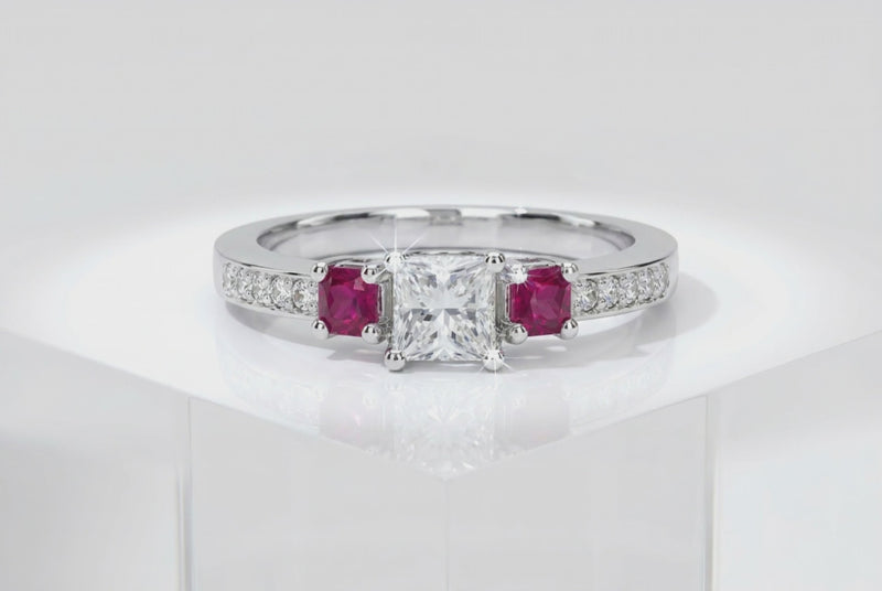 Natural Princess Cut Diamond & Ruby Three Stone Ring