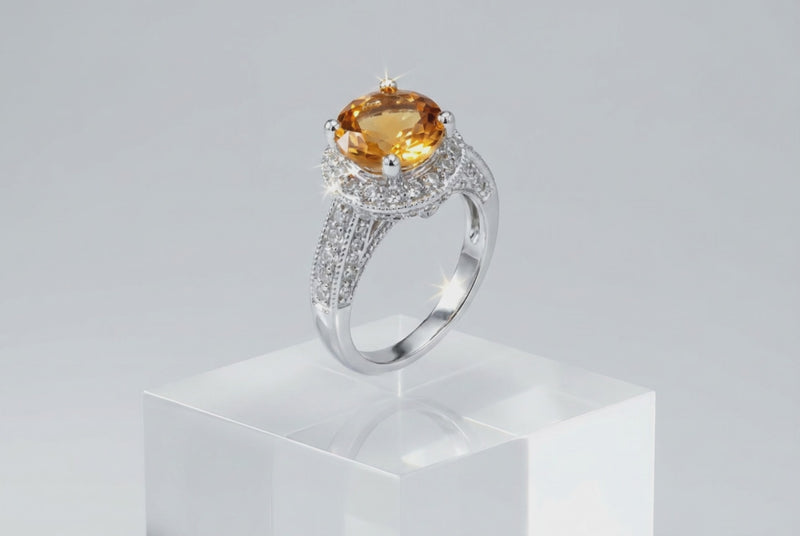 Natural Yellow Topaz Diamond Halo Ring
