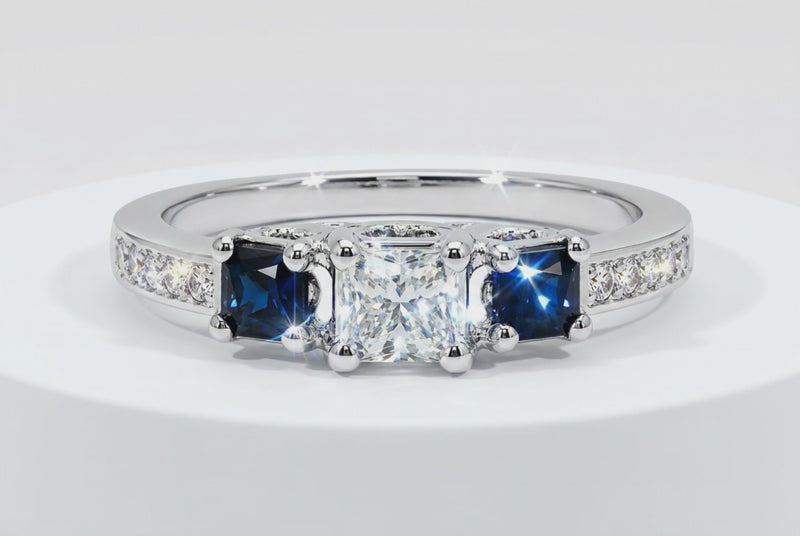 Natural Princess Cut Diamond & Sapphire Three Stone Ring