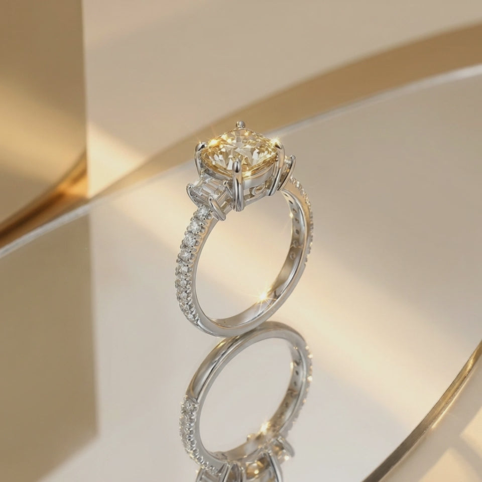 Lab Grown  Diamond Yellow Cushion Cut Square Ring