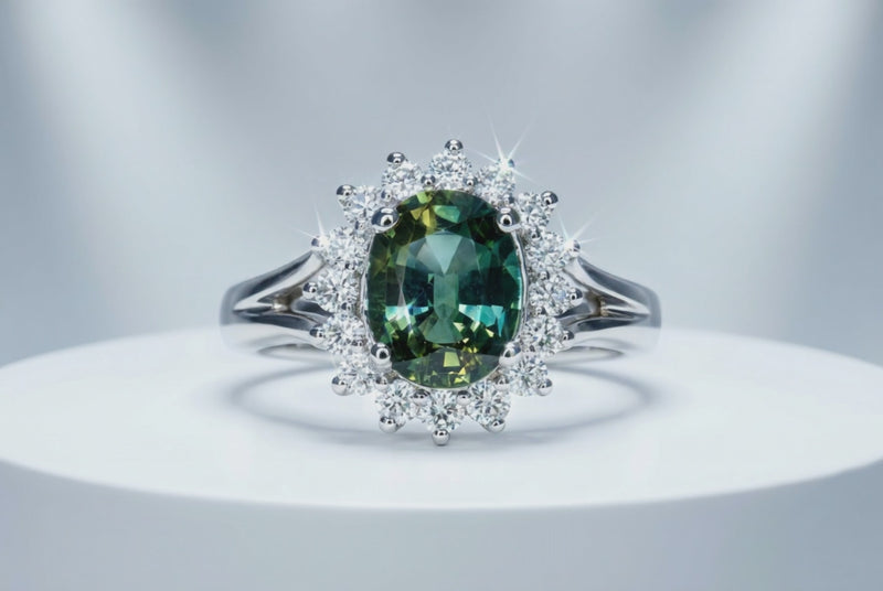 Natural Green Sapphire Diamond  Ring