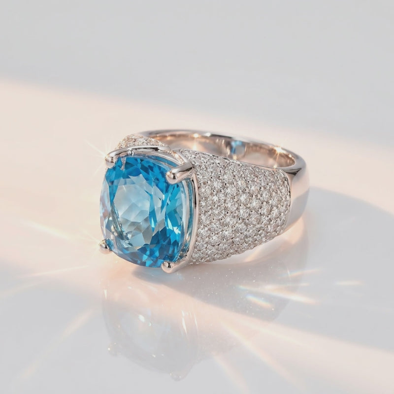 Natural Blue Topaz Oval Cut Diamond Pavé Ring
