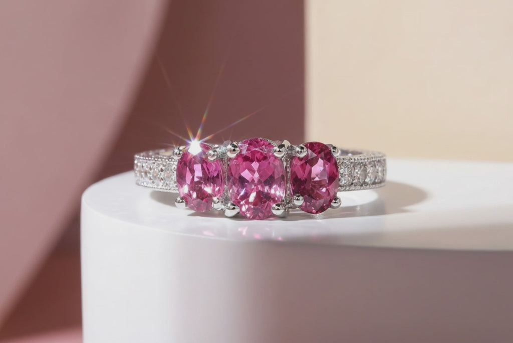 Natural Pink Tourmaline Oval Three Stone Diamond Ring